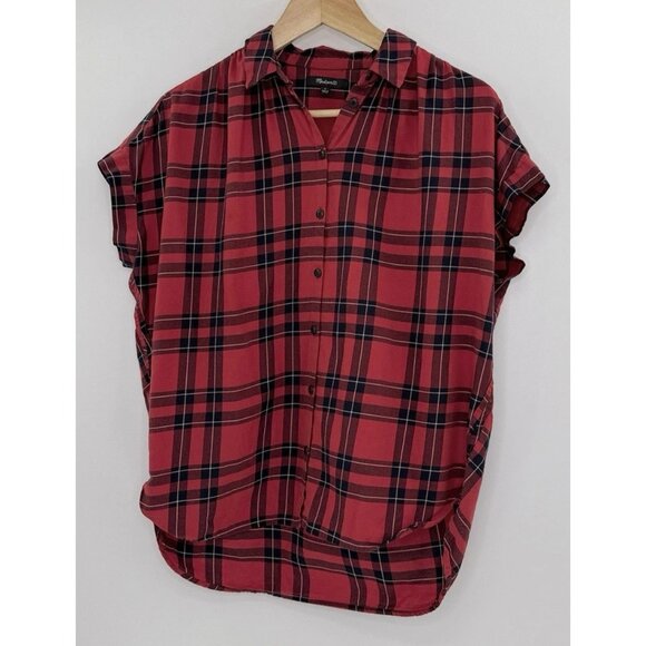 Madewell Red Button Front Collared Plaid Cap Sleeve Blouse Sz Sm, Preppy Boho - Picture 1 of 9